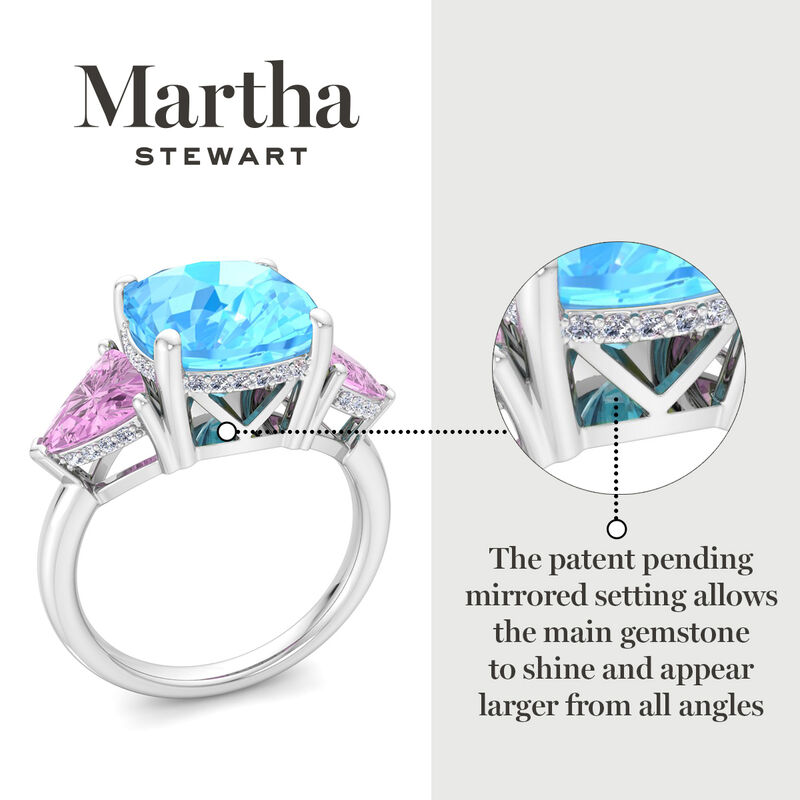 Martha Stewart 8ctw. Cushion Blue Topaz, Pink Sapphire & Lab Grown Diamond Three Stone Ring In Sterling Silver image number null
